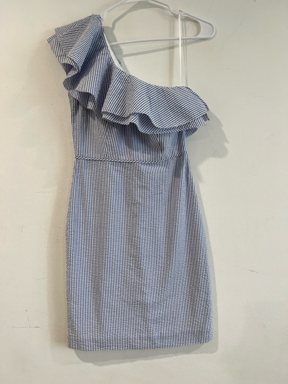 J. Crew Blue and White One-Shoulder Ruffle Dress 00 NWOT